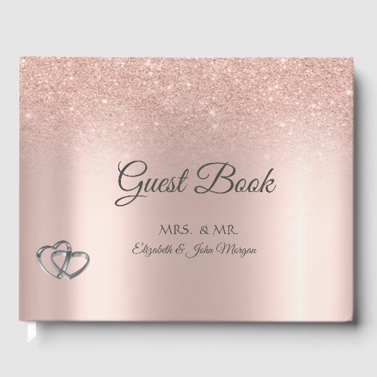 Elegant Roos Gouden Glitter Bokeh Harten Bruiloft Gastenboek (Voorkant)