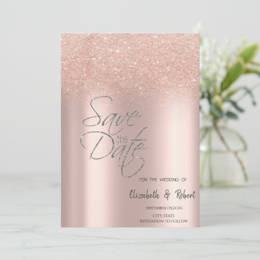 Elegant Roos Gouden Glitter Bokeh Save The Date (Staand voorkant)
