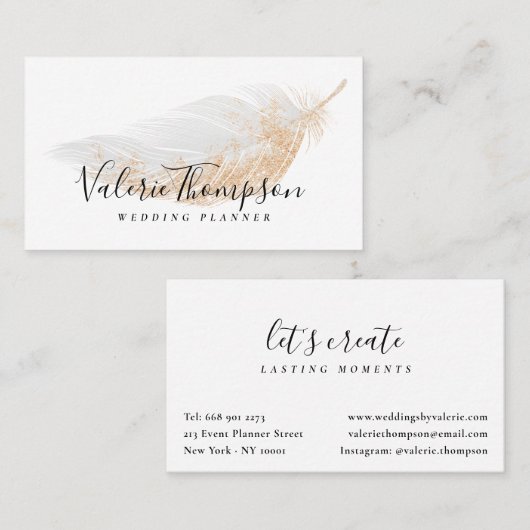 Elegant roos gouden glitter chic grijs veer modern visitekaartje (Voorkant / Achterkant)