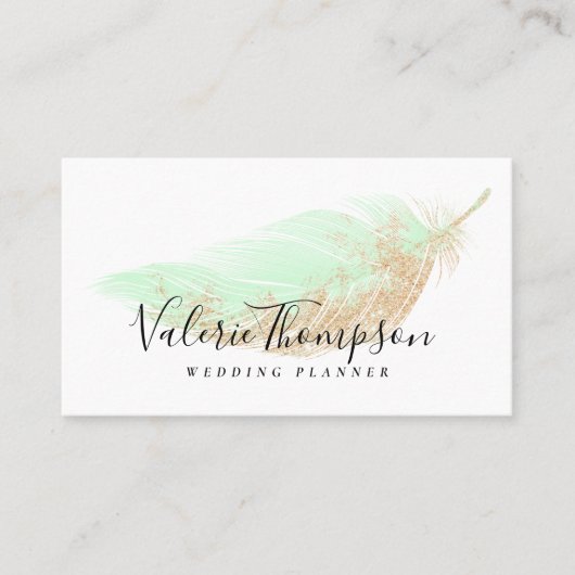 Elegant roos gouden glitter chique munt veer moder visitekaartje (Voorkant)