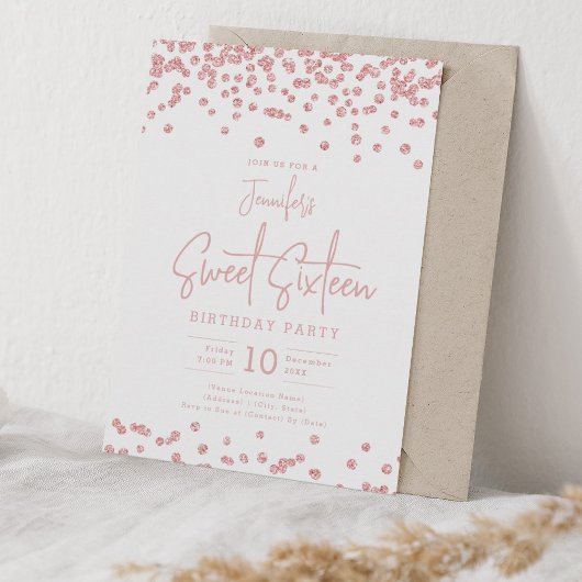 Elegant Roos Gouden Glitter Confetti Sweet 16 Part Kaart