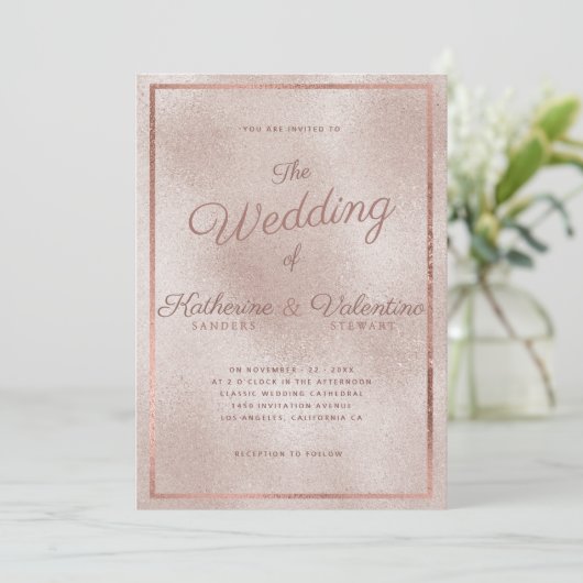 Elegant roos gouden glitter gradiënt foto bruiloft kaart (Staand voorkant)