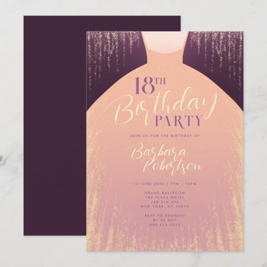 Elegant Roos Gouden Glitter Jurk 18e Verjaardag Kaart (Voorkant / Achterkant)