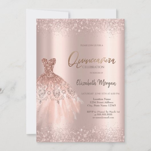 Elegant Roos Gouden Glitter Jurk Dusty Quinceañera Kaart (Voorkant)