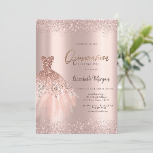 Elegant Roos Gouden Glitter Jurk Dusty Quinceañera Kaart (Staand voorkant)