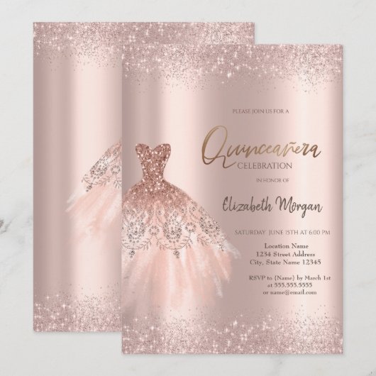 Elegant Roos Gouden Glitter Jurk Dusty Quinceañera Kaart (Voorkant / Achterkant)