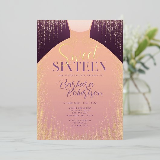 Elegant Roos Gouden Glitter Jurk Sweet Sixteen Folie Uitnodiging (Staand Voorkant)