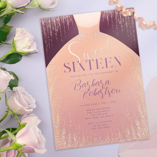 Elegant Roos Gouden Glitter Jurk Sweet Sixteen Folie Uitnodiging