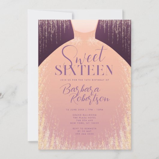 Elegant Roos Gouden Glitter Jurk Sweet Sixteen Kaart (Voorkant)