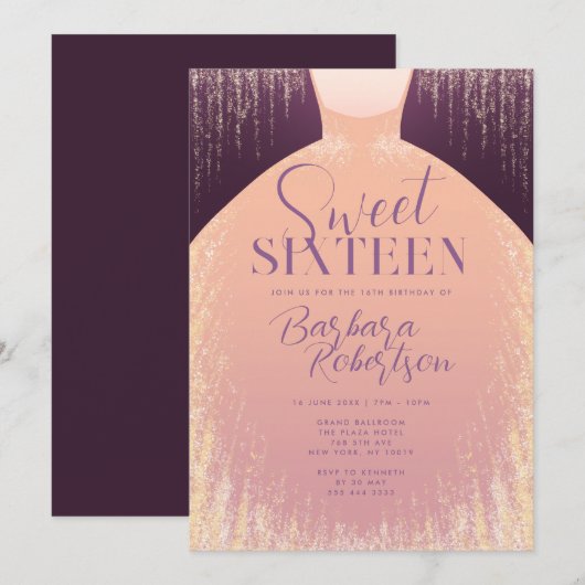 Elegant Roos Gouden Glitter Jurk Sweet Sixteen Kaart (Voorkant / Achterkant)