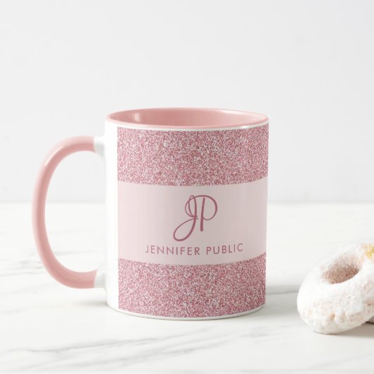 Elegant Roos Gouden Glitter Look Monogrammed Mok (Met donut)