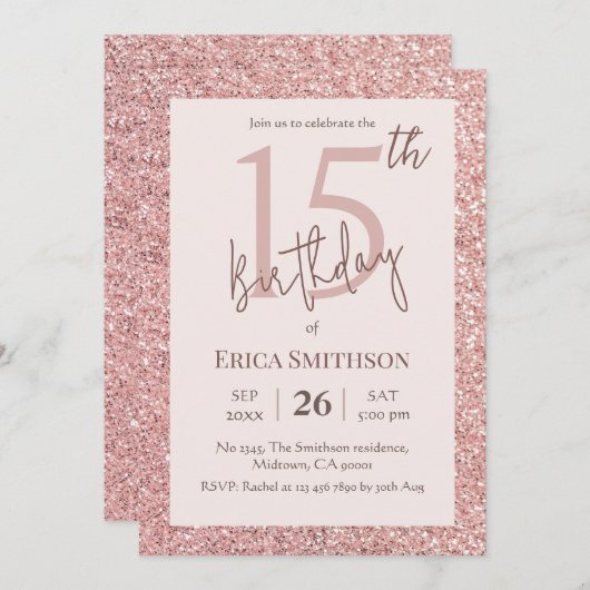 Elegant Roos Gouden Glitter Modern 15e Verjaardag Kaart (Voorkant / Achterkant)