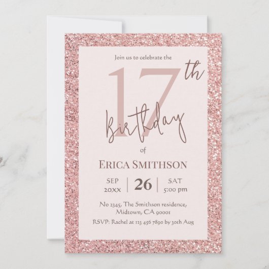 Elegant Roos Gouden Glitter Modern 17e Verjaardag Kaart (Voorkant)