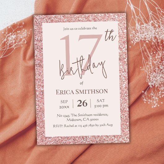 Elegant Roos Gouden Glitter Modern 17e Verjaardag Kaart