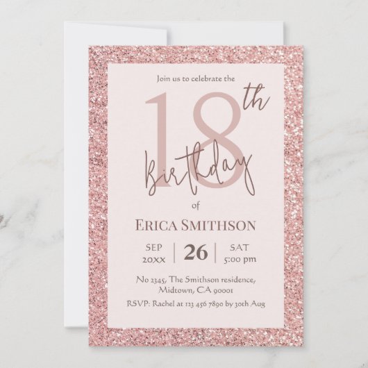 Elegant Roos Gouden Glitter Modern 18e Verjaardag Kaart (Voorkant)