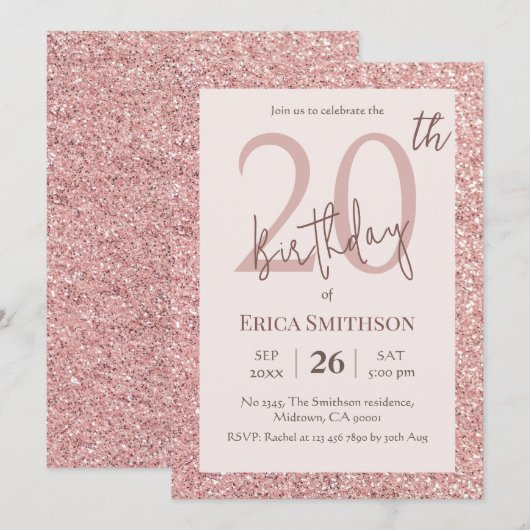 Elegant Roos Gouden Glitter moderne 20e Verjaardag Kaart (Voorkant / Achterkant)