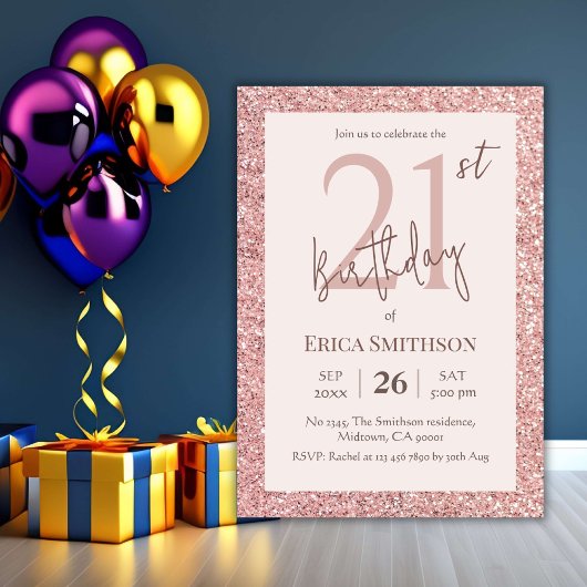 Elegant Roos Gouden Glitter Moderne 21e Verjaardag Kaart