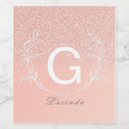 Elegant Roos Gouden Glitter Monogram Flesetiket Wijn Etiket (Enkel label)