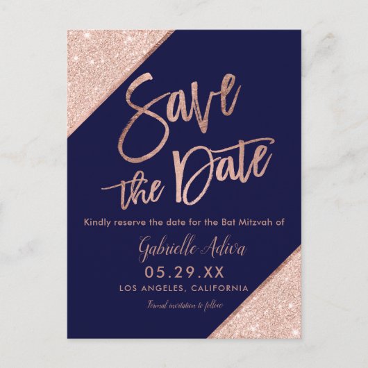 Elegant Roos Gouden Glitter Navy Blue Bat Mitswa Aankondigingskaart (Voorkant)