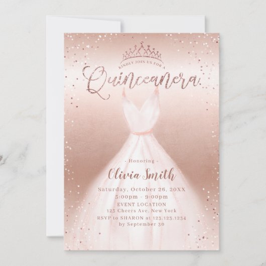 Elegant roos gouden glitter roze jurk quinceañera kaart (Voorkant)