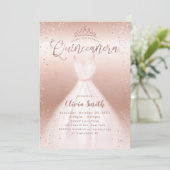 Elegant roos gouden glitter roze jurk quinceañera kaart (Staand voorkant)