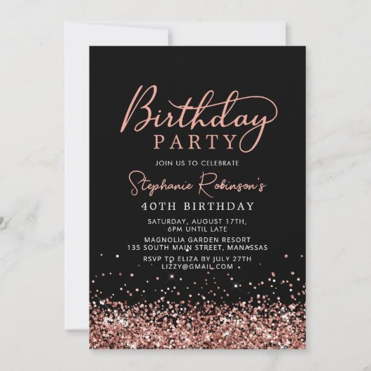 Elegant Roos Gouden Glitter Zwart 40e Verjaardag Kaart (Voorkant)