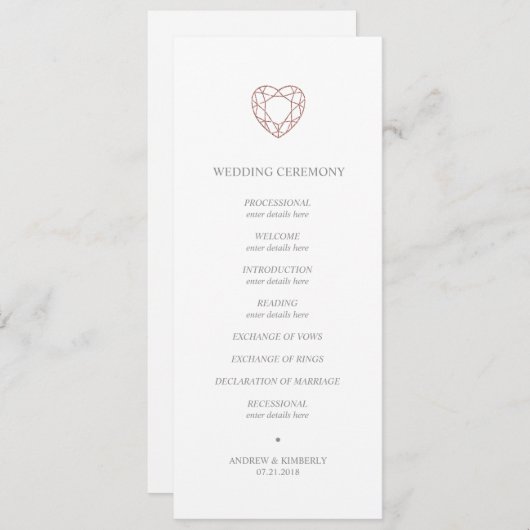 Elegant roos gouden hart bruiloft programma programmakaart (Voorkant / Achterkant)