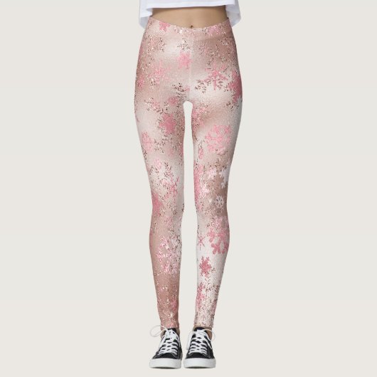 Elegant roos gouden Kerstmis Snowflake Patroon Leggings (Voorkant)