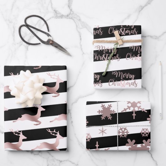 Elegant roos gouden kerstpatronen gestript inpakpapier vel (Voorkant)