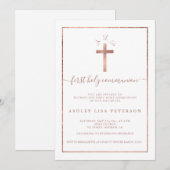 Elegant roos gouden kruis monogram eerste communie kaart (Voorkant / Achterkant)