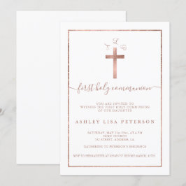 Elegant roos gouden kruis monogram eerste communie kaart