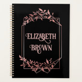Elegant roos gouden lijst bladeren zwart planner (Voorkant)