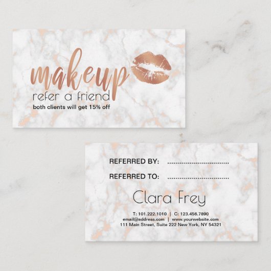 Elegant roos gouden lippen en marmer aanbevelingskaartje (Voorkant / Achterkant)