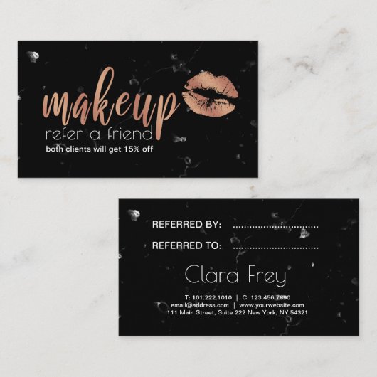 Elegant roos gouden lippen en marmer aanbevelingskaartje (Voorkant / Achterkant)