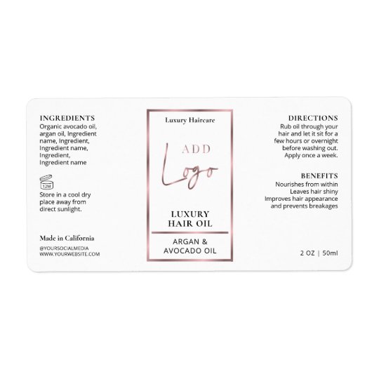 Elegant Roos Gouden Logo Haarolie 2OZ Dropper Fles Etiket (Voorkant)
