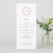 Elegant roos gouden monogram bruiloft menu (Staand voorkant)