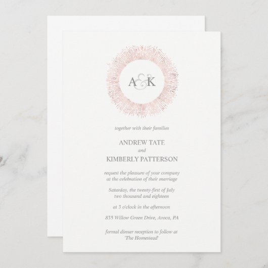 Elegant roos gouden monogram bruiloft uitnodiging (Voorkant / Achterkant)