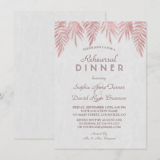 Elegant Roos Gouden Palm Bladeren Repetitie Diner Kaart (Voorkant / Achterkant)