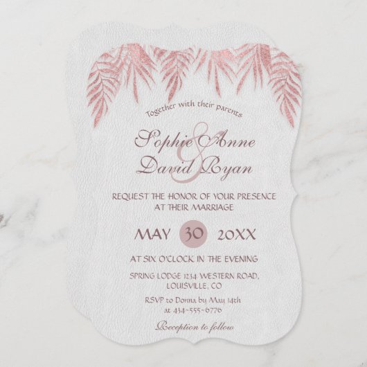 Elegant Roos Gouden Palm Bladeren Trouwuitnodiging Kaart (Voorkant / Achterkant)