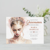 Elegant Roos Gouden Roze Quinceanera Party Folie Uitnodiging (Staand Voorkant)