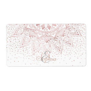 Elegant Roos Gouden Stippen Mandala Etiket