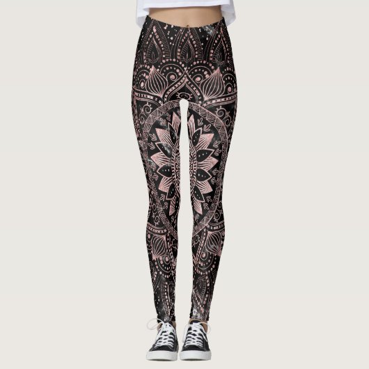 Elegant Roos Gouden Stippen Mandala Marmer Leggings (Voorkant)