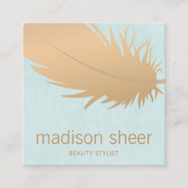 Elegant Roos gouden veer turquoise blauw linnen Vierkante Visitekaartje
