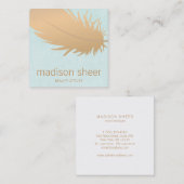 Elegant Roos gouden veer turquoise blauw linnen Vierkante Visitekaartje (Voorkant / Achterkant)