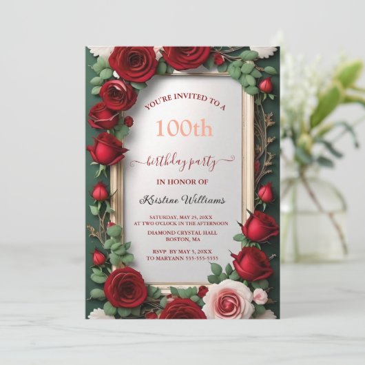 Elegant Roos Gouden Waterverf Bloemen 100e Verjaar Kaart (Staand voorkant)