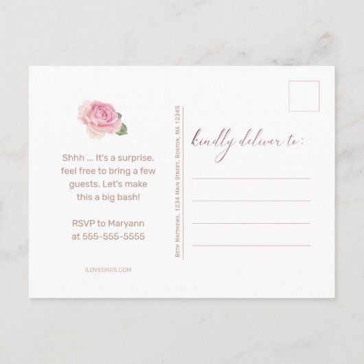 Elegant Roos Gouden Waterverf Bloemen 80ste Verjaa Uitnodiging Briefkaart (Achterkant)