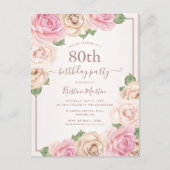 Elegant Roos Gouden Waterverf Bloemen 80ste Verjaa Uitnodiging Briefkaart (Voorkant)