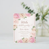 Elegant Roos Gouden Waterverf Bloemen 80ste Verjaa Uitnodiging Briefkaart (Staand voorkant)