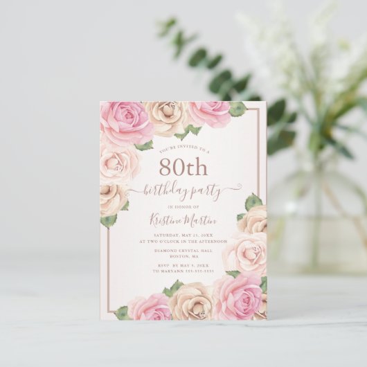 Elegant Roos Gouden Waterverf Bloemen 80ste Verjaa Uitnodiging Briefkaart (Staand voorkant)