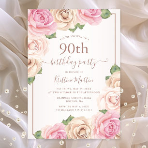 Elegant Roos Gouden Waterverf Bloemen 90ste Verjaa Uitnodiging Briefkaart